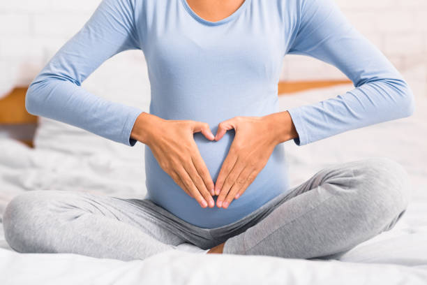 istock Pregnant lady holding hands in heart shape on her belly 1184403961