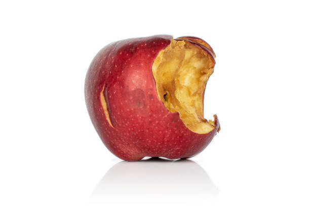 maçã deliciosa vermelha isolada no branco - rotting apple fruit missing bite - fotografias e filmes do acervo