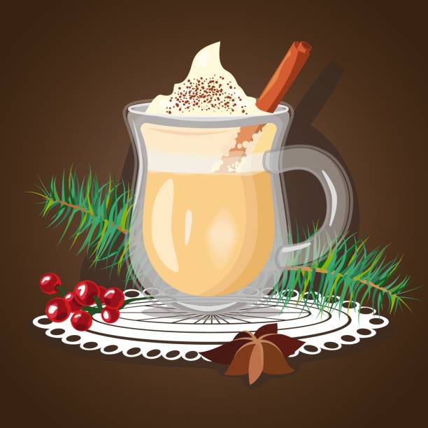 Glasses of eggnog with cinnamon sticks. Hot cocktail with creamy foam, pine leaves and berries Vector illustration for any design. Flat design for card or banner. Resize at any size. christmas eggnog stock illustrations