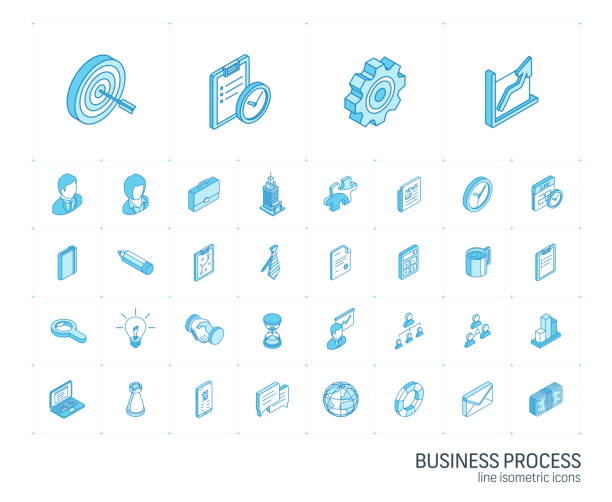 illustrations, cliparts, dessins animés et icônes de icônes de ligne isométrique d'affaires et de gestion. vecteur 3d - gear industry teamwork progress