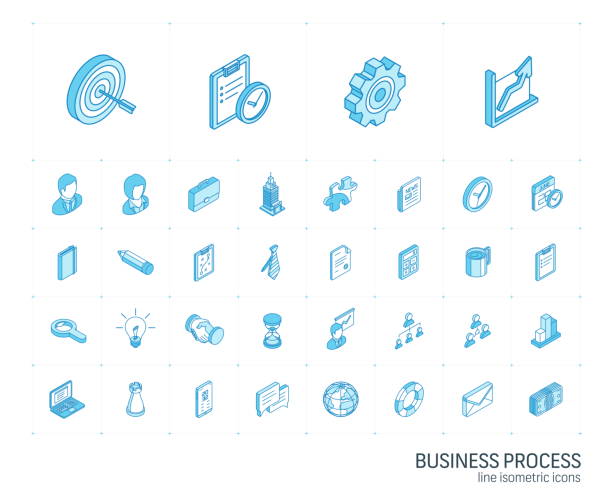 Business and management isometric line icons. 3d vector Isometric line icon set. 3d vector colorful illustration with business, management symbols. Marketing research, strategy, service, career, mission, analytic colorful pictogram Isolated on white isometric projection stock illustrations