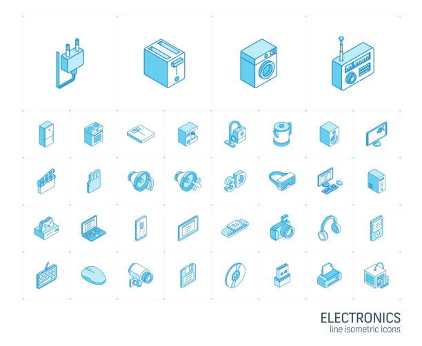 elektronika i multimedia izometryczne ikony linii. wektor 3d - electronics industry audio stock illustrations