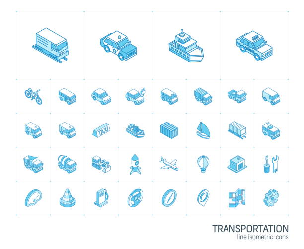 ilustrações de stock, clip art, desenhos animados e ícones de transport and transportation isometric line icons. 3d vector - vector isometric airplane bus