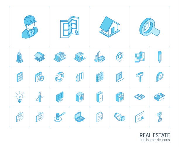 Real Estste and Rent Apartment isometric line icons. 3d vector Isometric line icon set. 3d vector colorful illustration with real estste symbols. Agent, house, rent, key, apartment, sale, search, commercial and equipment colorful pictogram Isolated on white insurance agent illustrations stock illustrations