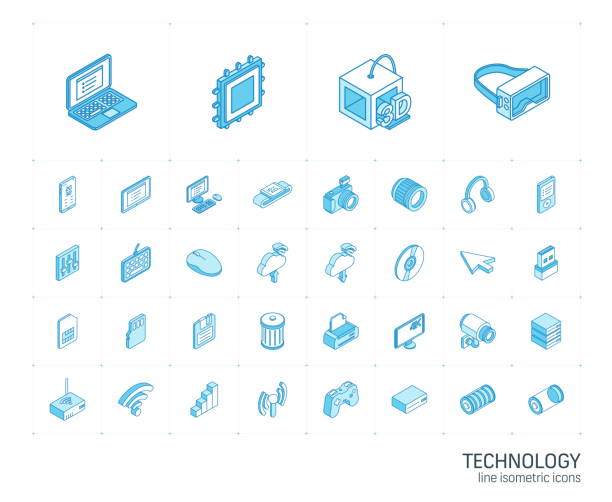 Digital technology isometric line icons. 3d vector Isometric line icon set. 3d vector colorful illustration with technology, digital symbols. Cloud computing, print, VR glasses, 4k resolution and wireless colorful pictogram Isolated on white isometric cloud server stock illustrations