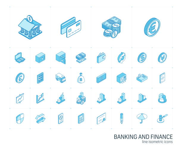 Banking and finance isometric line icons. 3d vector Isometric line icon set. 3d vector colorful illustration with banking and finance symbols. Credit card, wallet, coin, safe, money bag, cash, dollar, euro, pound colorful pictogram Isolated on white euro symbol illustrations stock illustrations