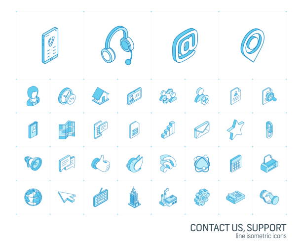 Contact us and Communication isometric line icons. 3d vector Isometric line icon set. 3d vector colorful illustration with contact us symbols. Communication, home, call, speech bubble, email, letter, envelope, handshake colorful pictogram Isolated on white megaphone symbols stock illustrations