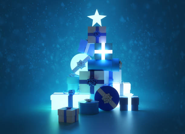 Glowing Christmas Tree Made From Presents A blue glowing festive christmas tree made from wrapped christmas presents and gifts. 3D illustration. christmas santa tree stock pictures, royalty-free photos & images