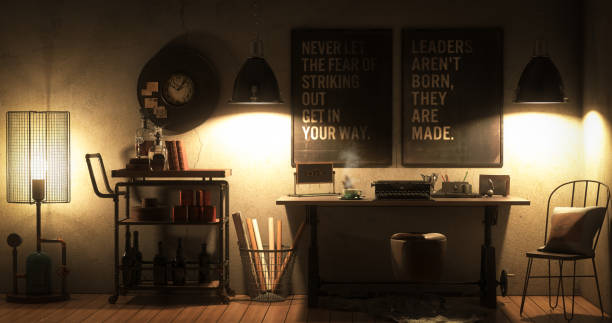 Old telephone, radio and armchair in an interior place with retro style decoration. Old retro style concept.