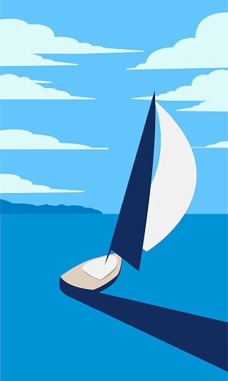 Creative concept vector illustration sailing boat yacht at the sea with mountains and sky on background.