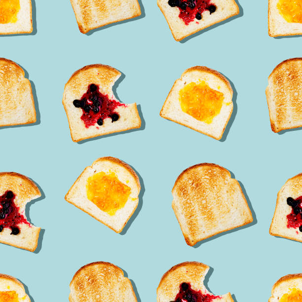 Creative seamless pattern or set of toasted bread with tasty different jam on light blue color background Creative seamless pattern or set of toasted bread with tasty different jam on light blue color background in pop-art style. Modern minimal food photography collage. Morning breakfast brunch concept chewing photos stock pictures, royalty-free photos & images