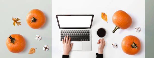 istock Person using a laptop computer with pumpkins 1184421505