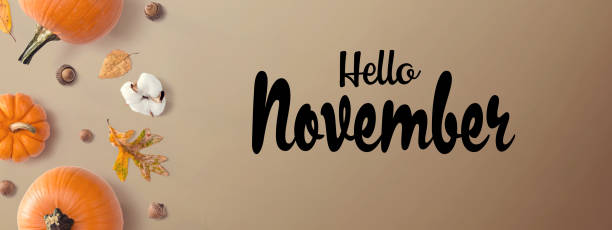 istock Hello November message with autumn pumpkins 1184421509