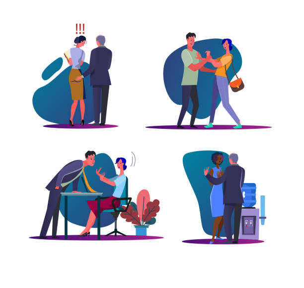 Harassment and abuse set Harassment and abuse set. Male boss touching female employee, man assaulting on woman. Flat vector illustrations. Discrimination concept for banner, website design or landing web page harassment stock illustrations