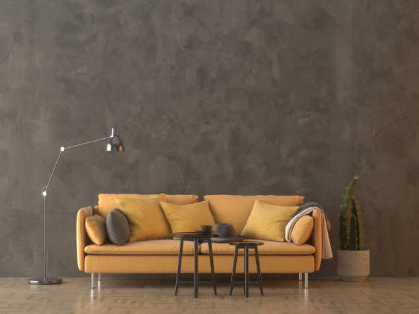 istock Yellow sofa in a empty room with lamp 1184428633
