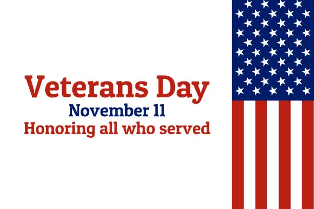 Vector illustration of Veterans Day holiday background with national flag of the United States of America. Annual celebrated every November 11. Template for banner, card, poster. EPS10 vector illustration.