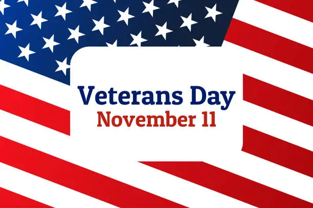 Vector illustration of Veterans Day holiday background with national flag of the United States of America. Annual celebrated every November 11. Template for banner, card, poster. EPS10 vector illustration.