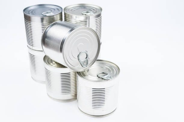 istock Group of silver canned food on white background. 1184436567