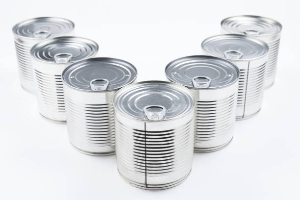 istock Group of silver canned food on white background. 1184436596