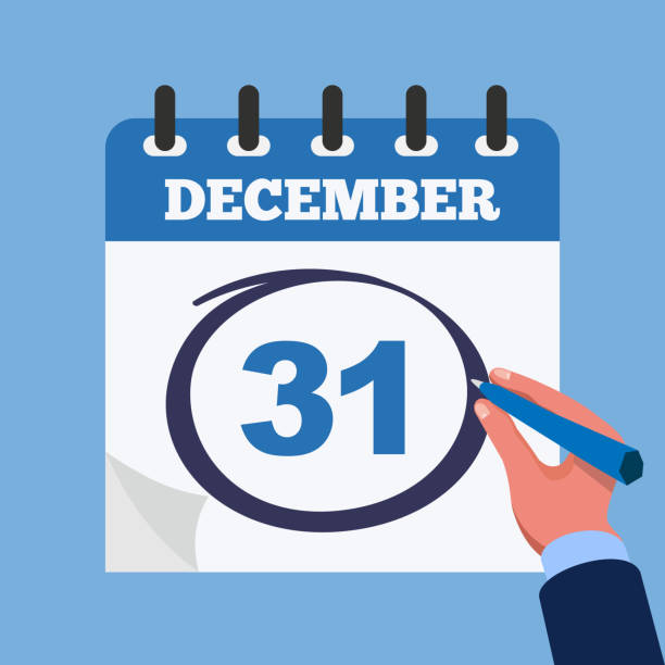 Mark on the calendar at 31 december. Close-up businessman hand with calendar and blue marker. Mark on the calendar at 31 december. Close-up businessman hand with calendar and blue marker. Vector stock. december 31 stock illustrations