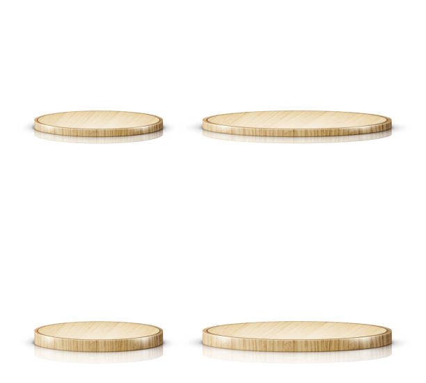 Wooden cutting board or tray, realistic Wooden cutting board or tray, set of realistic vector illustrations. Natural, eco-friendly kitchen utensils made of wood, side view isolated on white background with reflection black meat tray stock illustrations