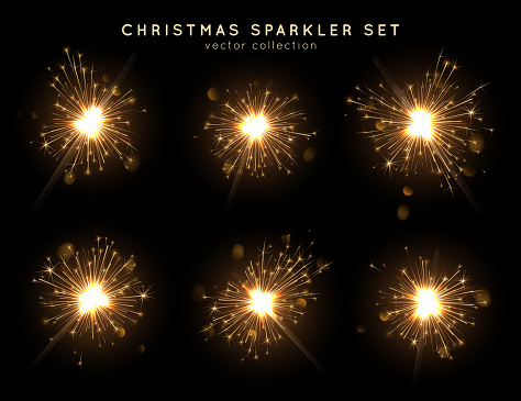 Christmas bengal lights set. Different stages of sparkler burning. Golden vector elements and light effects. Template for holiday cards, banners, landing page and illustration.