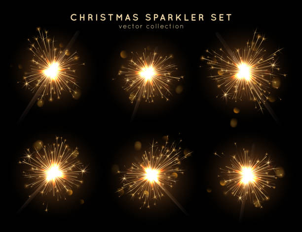 Christmas bengal lights set. Different stages of sparkler burning. Golden vector elements and light effects. Template for holiday cards and banners Christmas bengal lights set. Different stages of sparkler burning. Golden vector elements and light effects. Template for holiday cards, banners, landing page and illustration. fireworks and sparklers stock illustrations