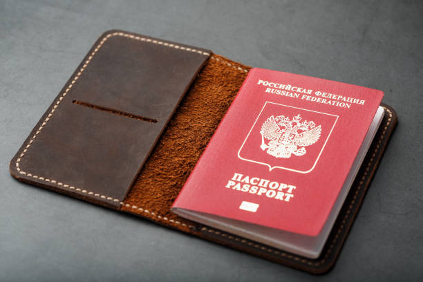 istock Brown leather cover with a red passport on a dark background 1184439149