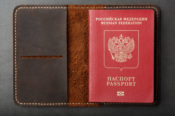 istock Brown leather cover with a red passport on a dark background 1184439332