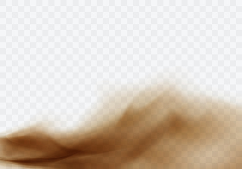 Desert sandstorm, brown dusty cloud or dry sand flying with gust of wind, brown smoke realistic texture with small particles or grains vector illustration isolated on transparent background