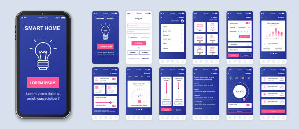 Smart home mobile app interface vector templates set. Smart home mobile app interface vector templates set. Remote temperature control. Web page design layout. Pack of UI, UX, GUI screens for application. Phone display. Web design kit website wireframe illustrations stock illustrations