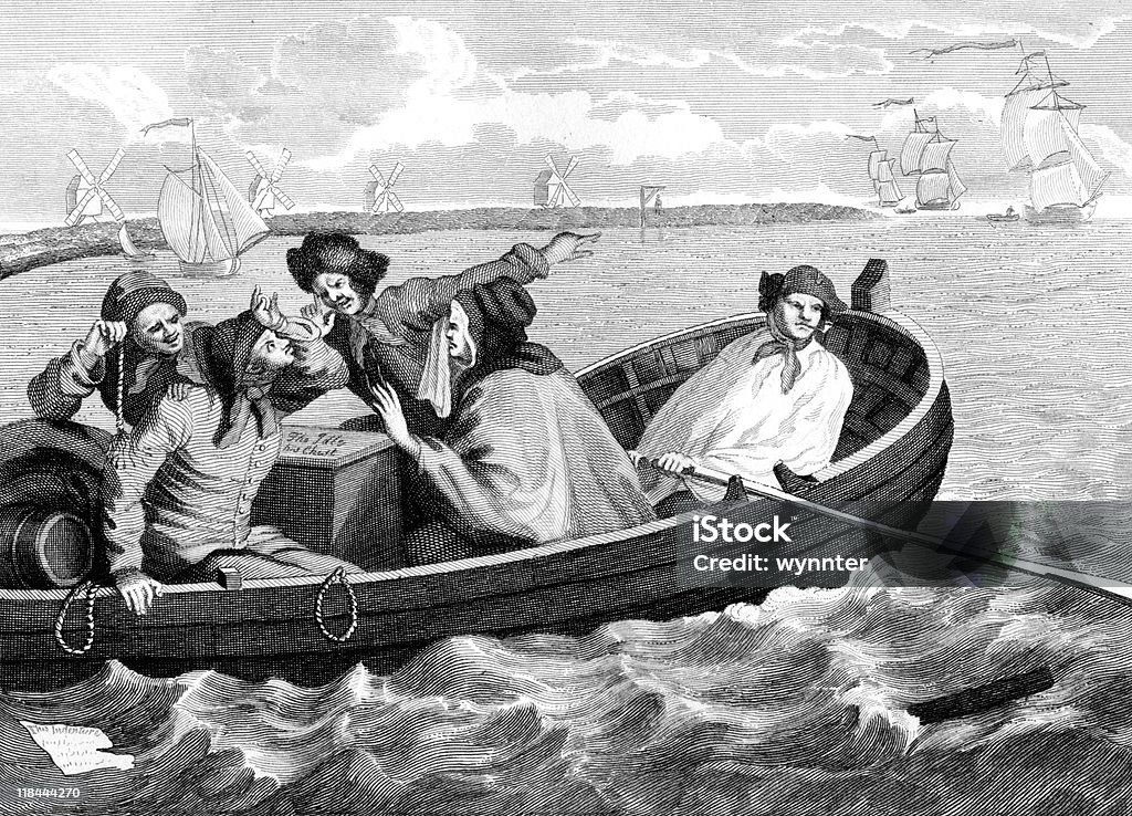 18 th Century barco de remos los transbordadores marineros de Goleta - Ilustración de stock de Pirata libre de derechos