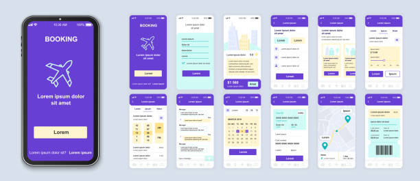 Booking smartphone interface vector templates set. Booking smartphone interface vector templates set. Travel app web page purple design layout. Pack of UI, UX, GUI screens for planning trip application. Phone display. Web design kit wildlife reserve stock illustrations