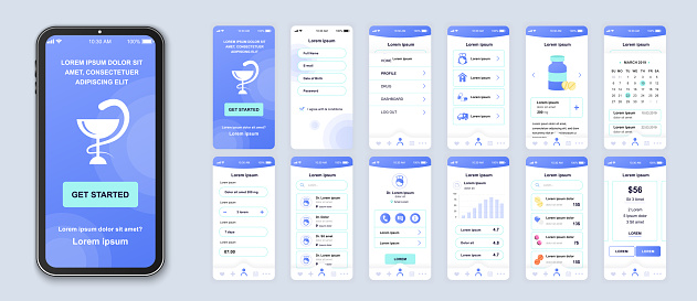 Medicine smartphone interface vector templates set. Healthcare and lifestyle mobile app. Web page design layout. Pack of UI, UX, GUI screens for application. Phone display. Web design kit