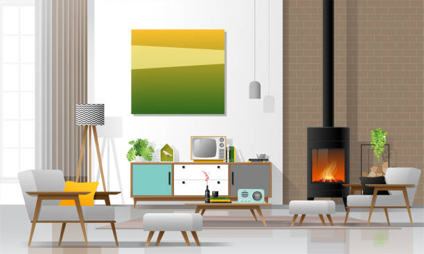 Living room interior background with fireplace and furniture in modern retro style , vector , illustration Living room interior background with fireplace and furniture in modern retro style , vector , illustration lifestyle backgrounds audio stock illustrations