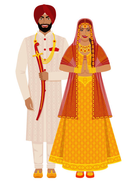 illustrazioni stock, clip art, cartoni animati e icone di tendenza di sposa e sposo indiani in costumi tradizionali - sikhism