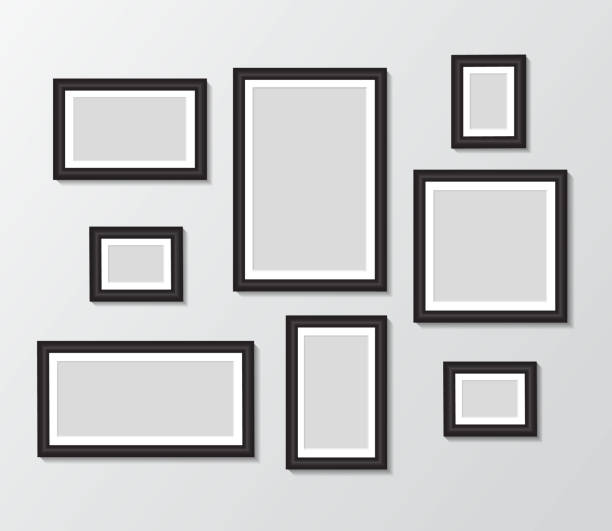 istock Black templates photo frame hanging on wall. Empty picture album layout. Design photo frame for poster, memo, banner, creative interior, museum wall. Set realistic mockup picture . vector 1184444643