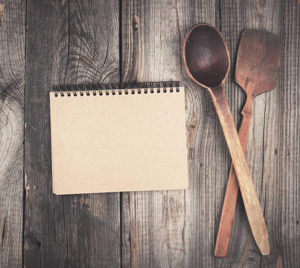 istock open empty notebook and two wooden spoons on a gray background 1184446173