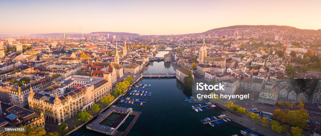 Aerial view of Zurich and River Limmat, Switzerland Aerial panoramic cityscape view of Zurich and River Limmat, Switzerland Zurich Stock Photo