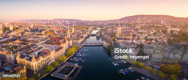 Aerial View Of Zurich And River Limmat Switzerland Stock Photo - Download Image Now