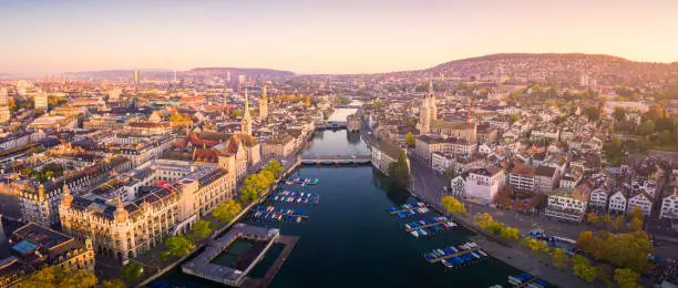 Aerial panoramic cityscape view of Zurich and River Limmat, Switzerland