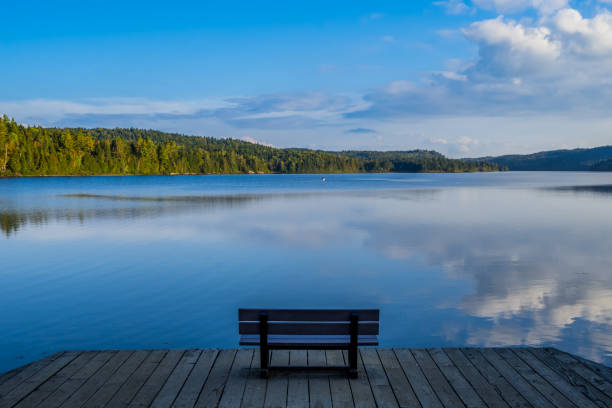 Bench with lake view on La Mauricie National Park (Quebec) stock photo