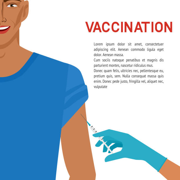 ilustrações, clipart, desenhos animados e ícones de conceito de saúde. homem de sorriso que começ a vacina - injeção insulina luva