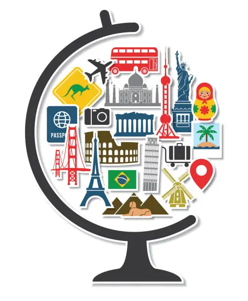 Vector illustration of Globe with Travel Icons Landmarks Tourist Vacation Destination Stickers in Round Shape