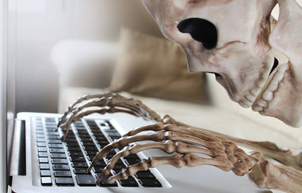 Skeleton typing on laptop skeleton, overworked, exhausted, halloween, bones exhaustion photos stock pictures, royalty-free photos & images