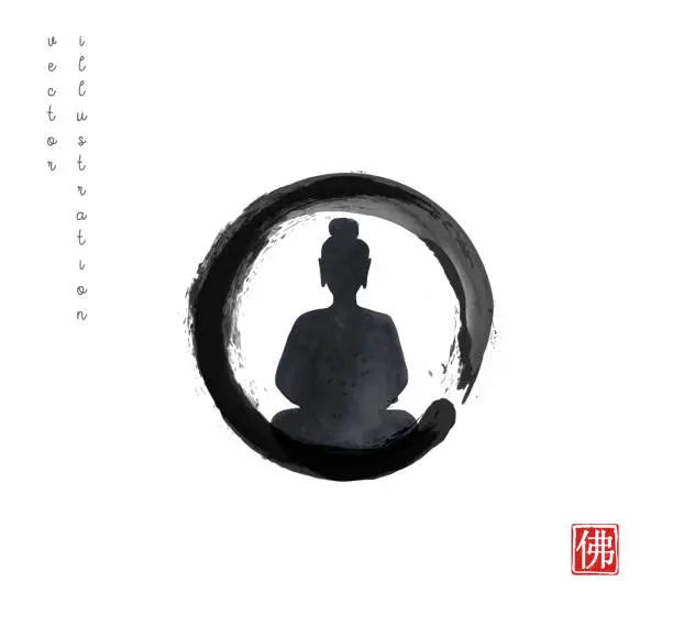 Vector illustration of Silhouette of meditating Buddha in black enso zen circle on white background. Hieroglyph - Buddha