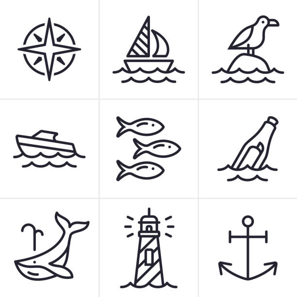 illustrazioni stock, clip art, cartoni animati e icone di tendenza di icone e simboli del mare dell'oceano e della vela - mare immagine