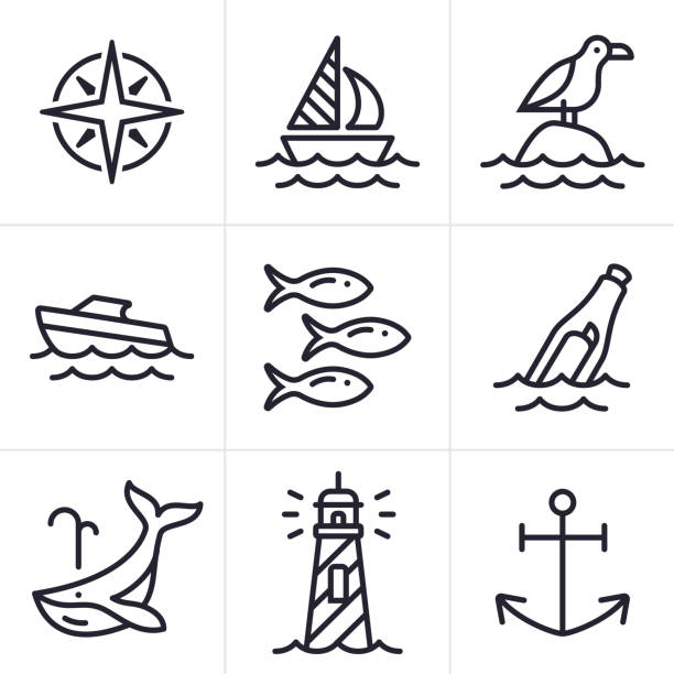 바다 바다와 항해 아이콘과 기호 - sailing motorboating speedboat racing nautical vessel stock illustrations