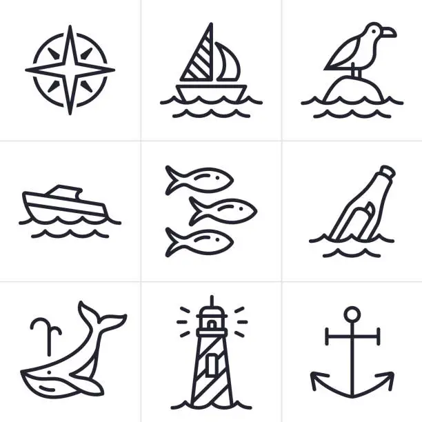 Vector illustration of Ocean Sea and Sailing Icons and Symbols