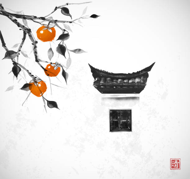白い壁に典型的な中国のデザイン要素と大きな果物と伝統的な窓と柿の木。伝統的な東洋の水墨絵すみ絵、ウシン、ゴーホア。象形文字 - 明快さ。 - illustration and painting stone antique old fashioned点のイラスト素材／クリップアート素材／マンガ素材／アイコン素材
